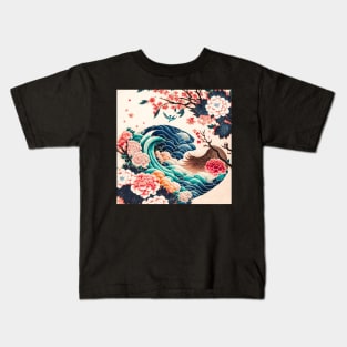 Great wave and flower tree Kids T-Shirt